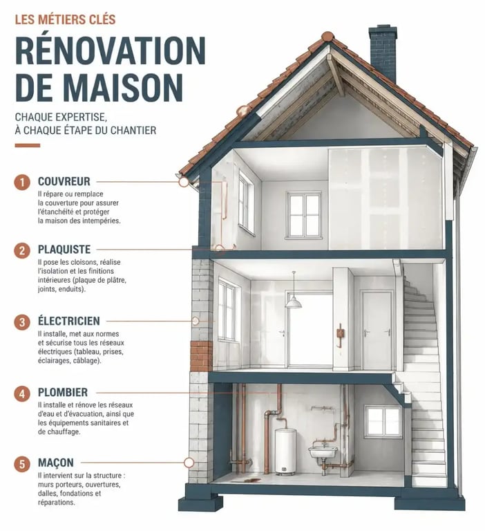 Infographie des métiers du bâtiment pour réussir ses travaux de rénovation