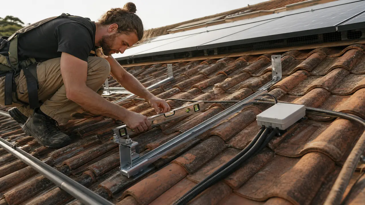 Panneaux solaires sur toiture : artisan vérifie surimposition et étanchéité