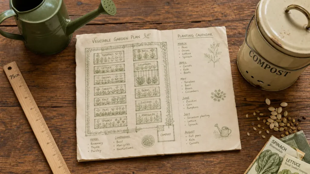 Plan de potager : 150 m2, planches de 80 cm et calendrier de culture