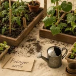 Potager serre : jeunes plants de légumes sous serre