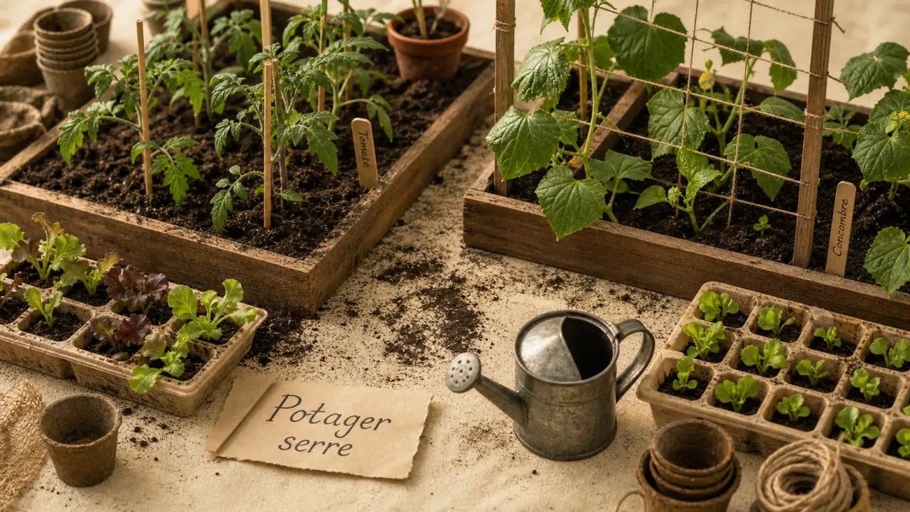 Potager serre : jeunes plants de légumes sous serre