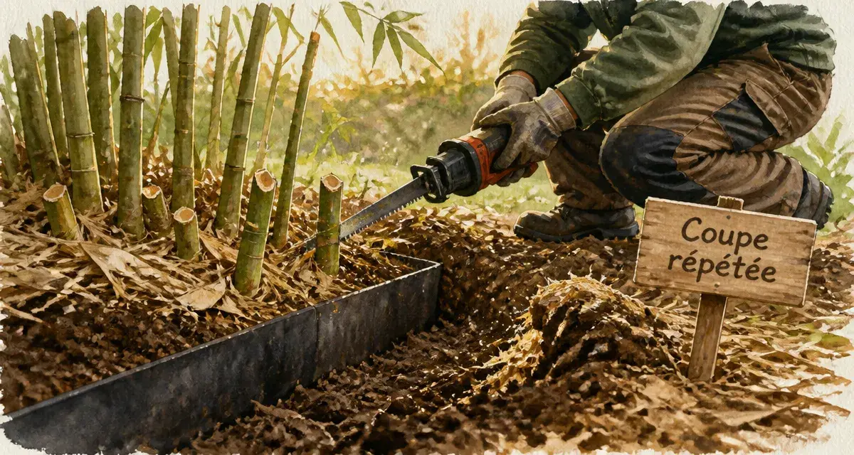 Produit pour tuer des bambous : coupe des chaumes et barrière anti-rhizome en jardin