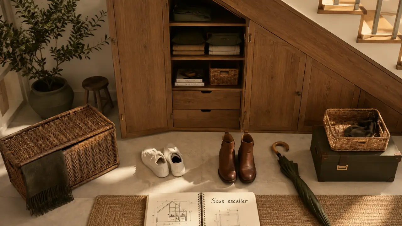 Aménagement sous escalier : placard bois avec tiroirs, entrée minimaliste