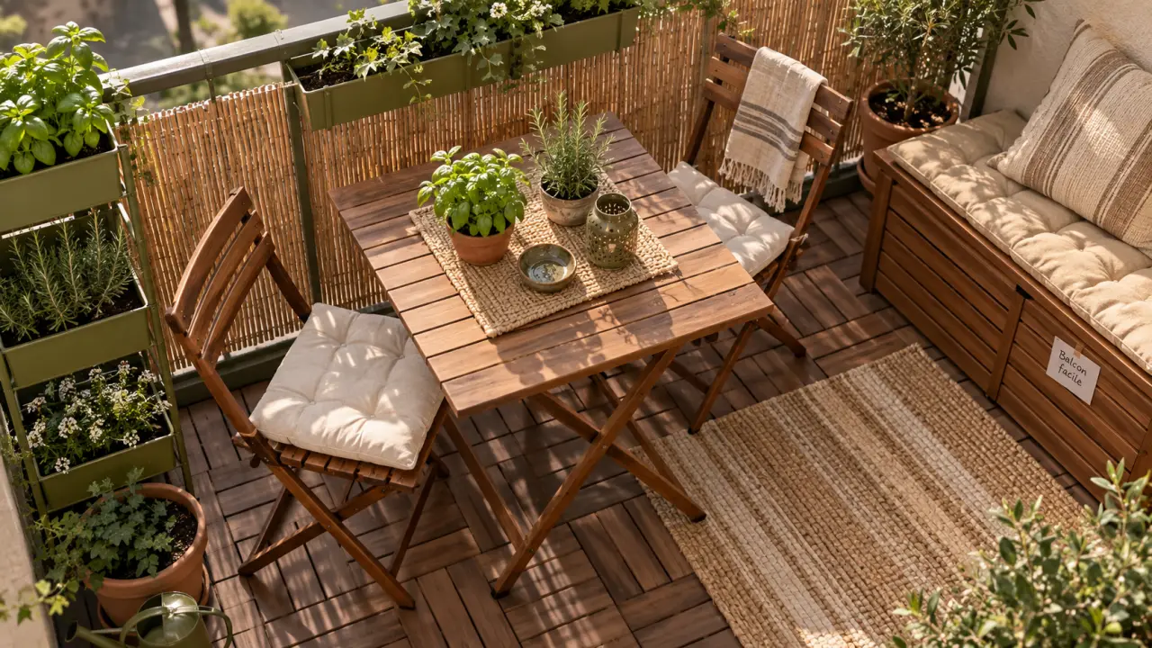 Aménager son balcon : 5 zones, table pliante, jardinières verticales, plantes aromatiques