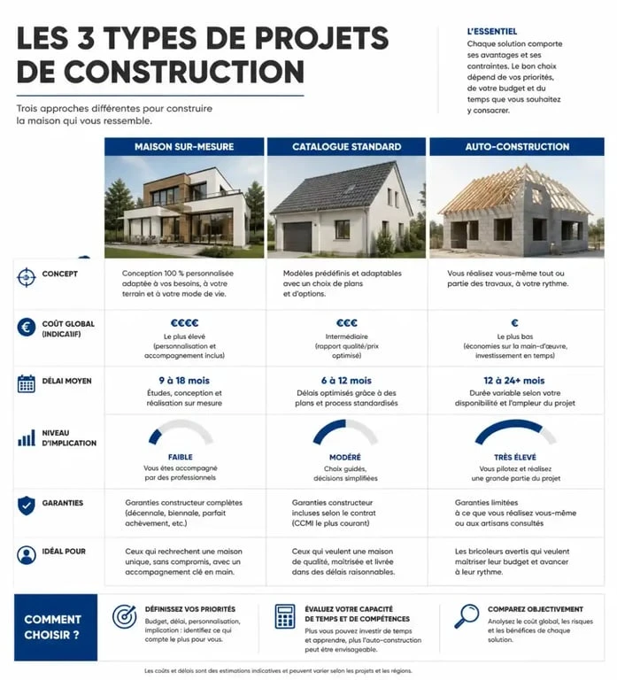 Comparatif des solutions de construction de maison neuve à Valence : sur-mesure, catalogue et auto-construction