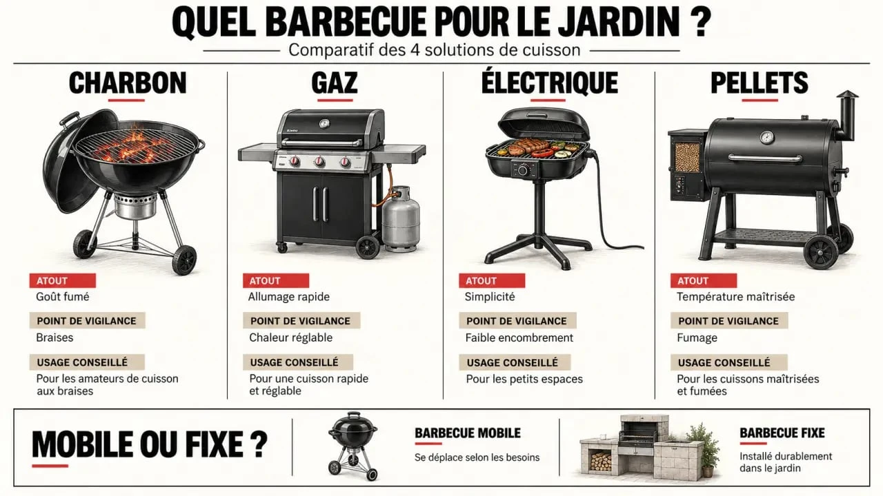 Infographie comparative des types de barbecue jardin : charbon, gaz, électrique et pellets