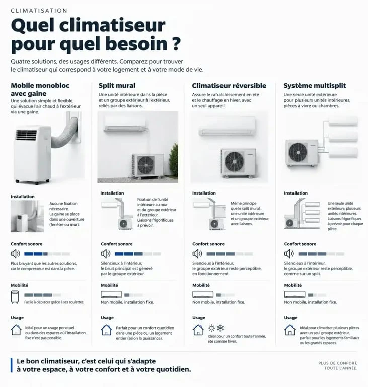Comparatif illustré des types de climatiseurs mural mobile réversible et multisplit
