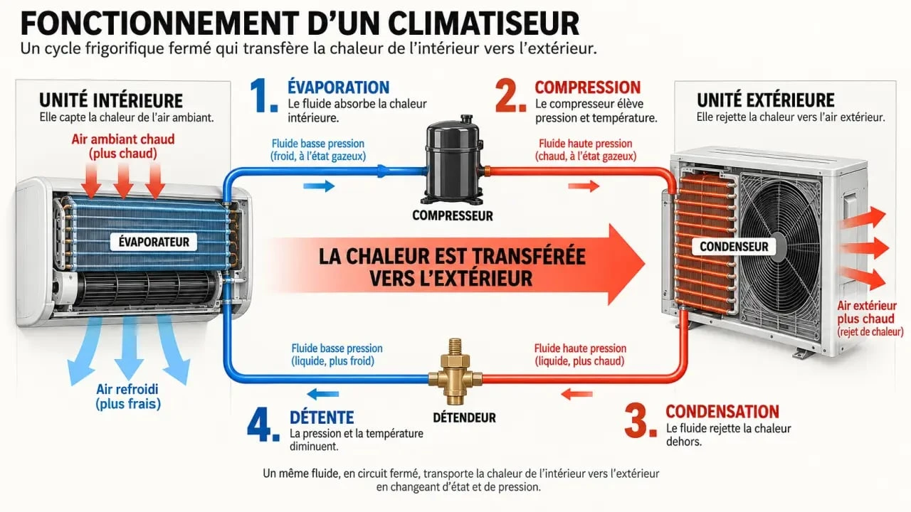 Schéma du fonctionnement d’un climatiseur et de son cycle thermodynamique