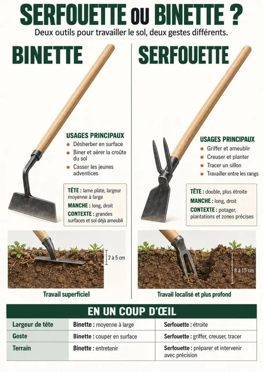 Infographie serfouette ou binette : différences, usages et choix selon les travaux du jardin