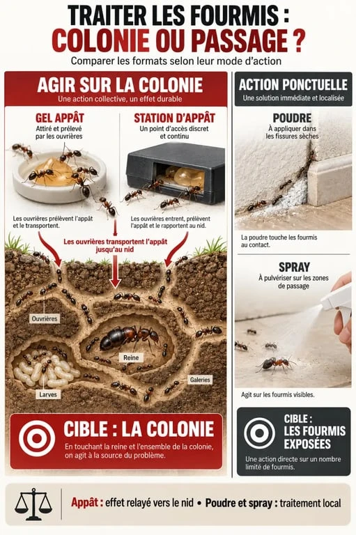 Produit pour tuer les fourmis : comparaison visuelle du gel appât, de la station, de la poudre et du spray