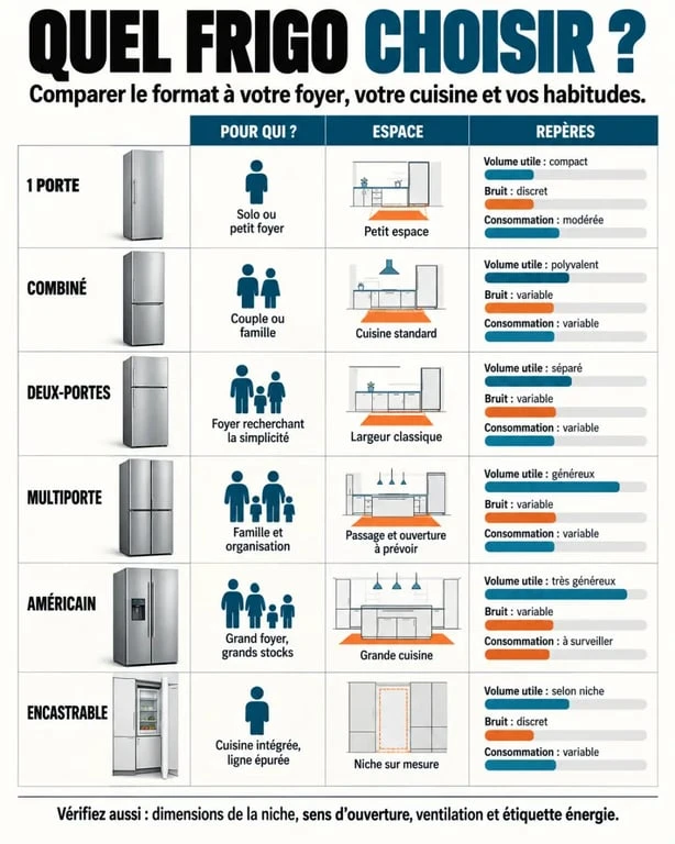 Infographie comparative pour savoir quel frigo choisir selon le format, le foyer et la consommation
