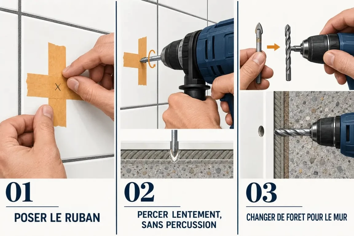 Illustration des étapes pour savoir comment percer un carrelage sans le fissurer