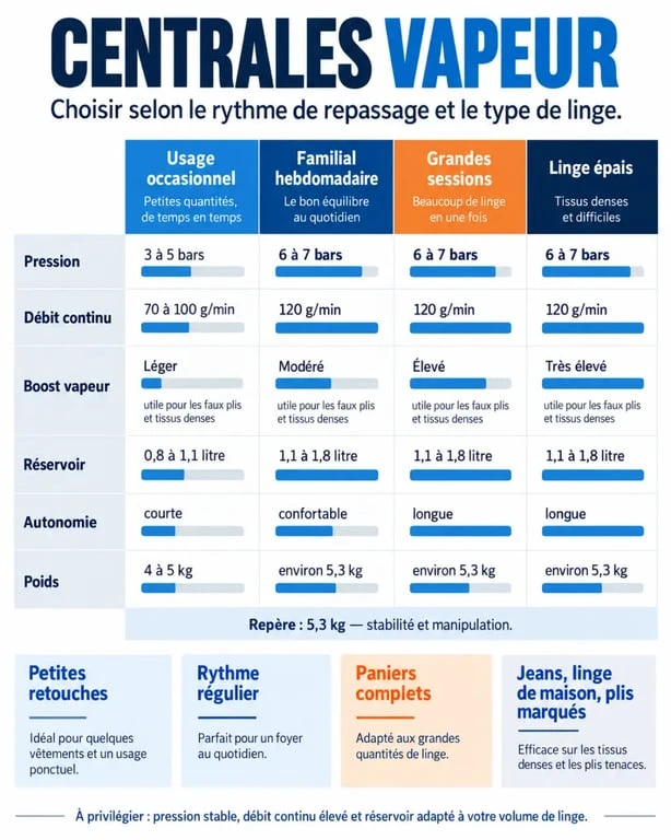 Centrale à vapeur comparatif : infographie des critères de pression, débit, autonomie et usage