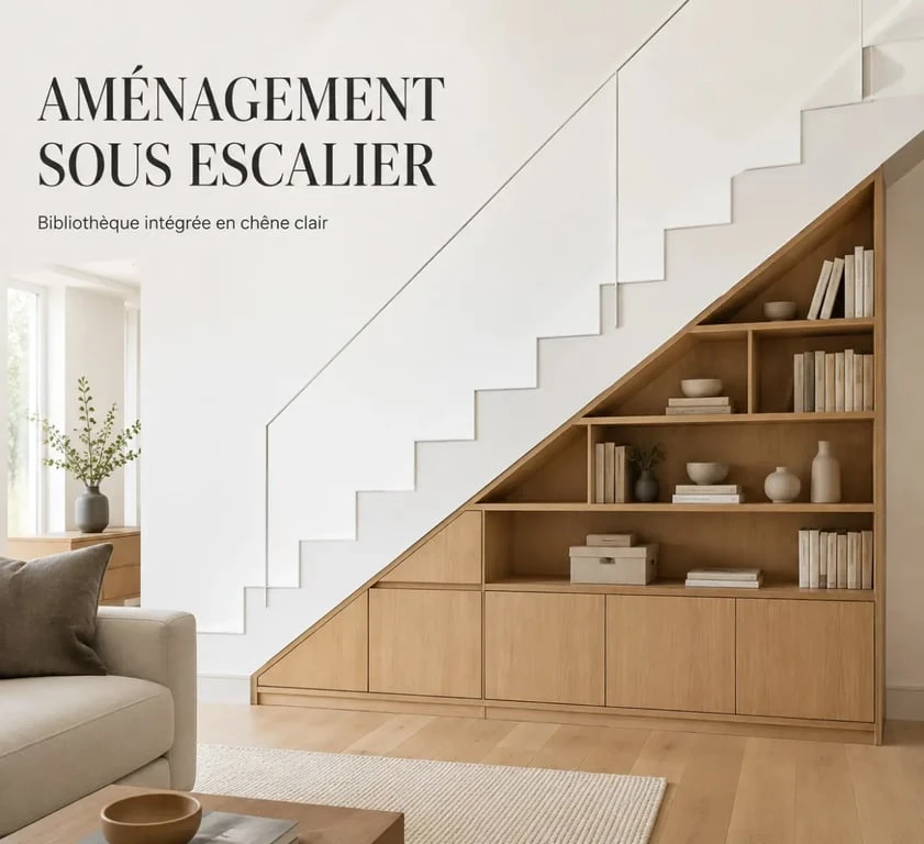 Aménagement sous escalier en bibliothèque décorative dans un salon