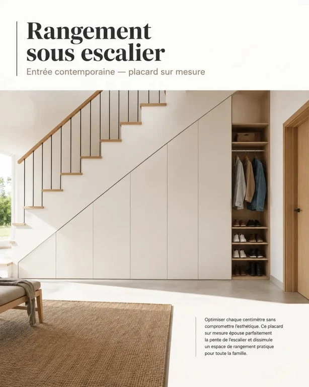 Aménagement sous escalier avec placard fermé et rangement d’entrée intégré