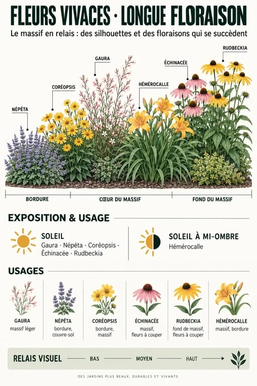 Infographie sur les fleurs vivaces longue floraison à choisir selon l'exposition et l'usage