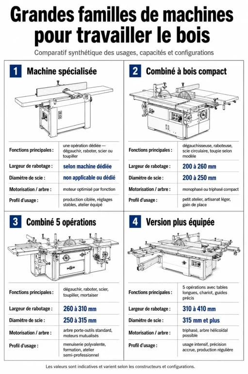 Infographie comparative machine pour travailler le bois avec fonctions, capacités et profils d’usage