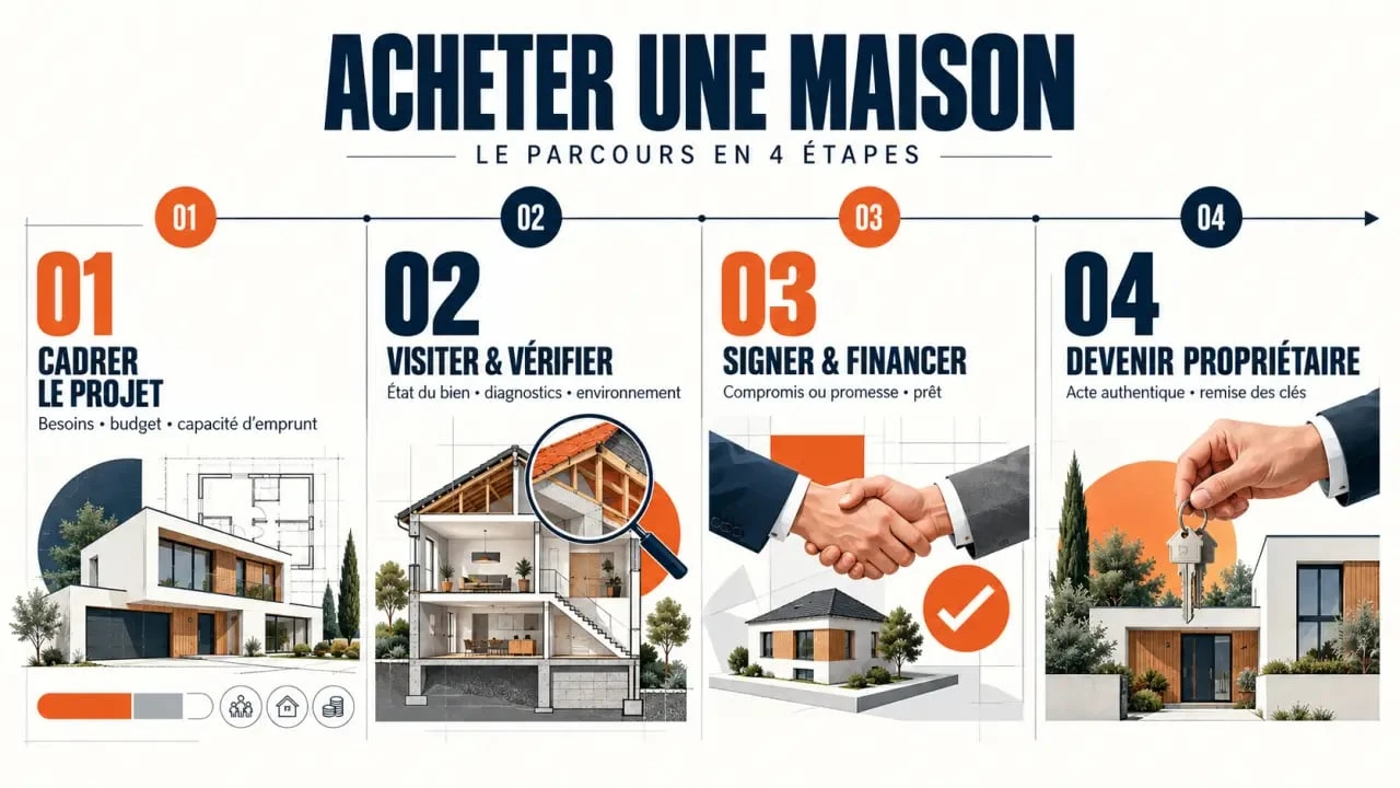 Infographie des étapes achat maison, du budget à la remise des clés
