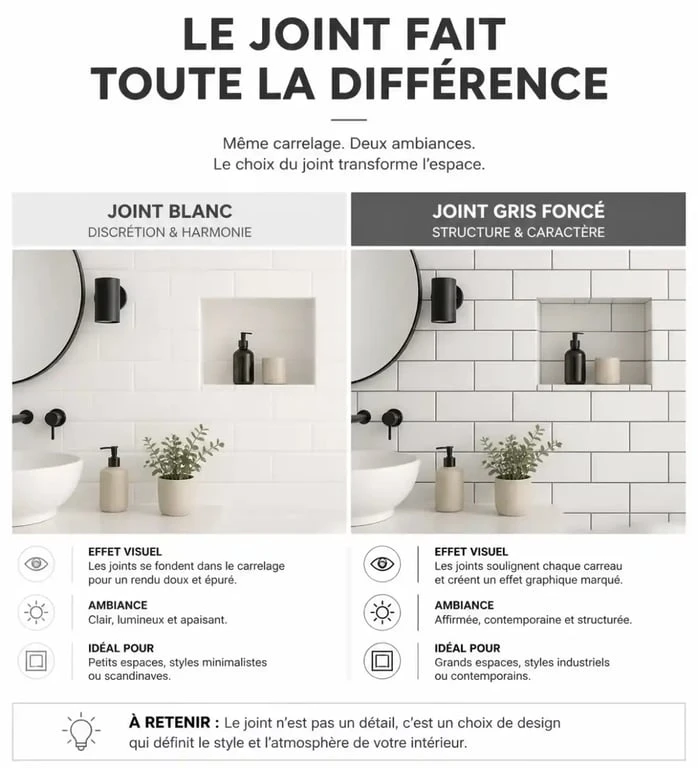 Comparaison visuelle de l'impact de la couleur des joints sur la faïence murale