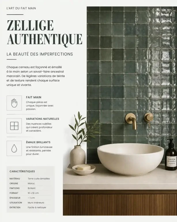 Mur d'accent en faïence type zellige dans une salle de bain moderne