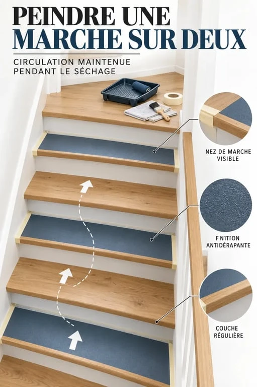 Peindre un escalier en bois une marche sur deux pendant le séchage