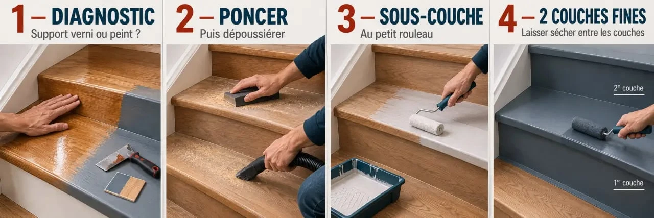 Étapes pour peindre un escalier en bois, du ponçage à l’application de la peinture