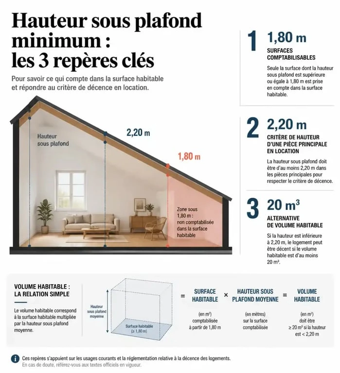 Infographie comparative sur la hauteur sous plafond minimum de 1,80 m et 2,20 m