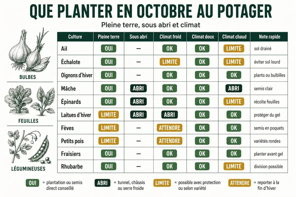 Que planter en octobre au potager : tableau visuel des cultures selon la saison, la météo et le mode de plantation