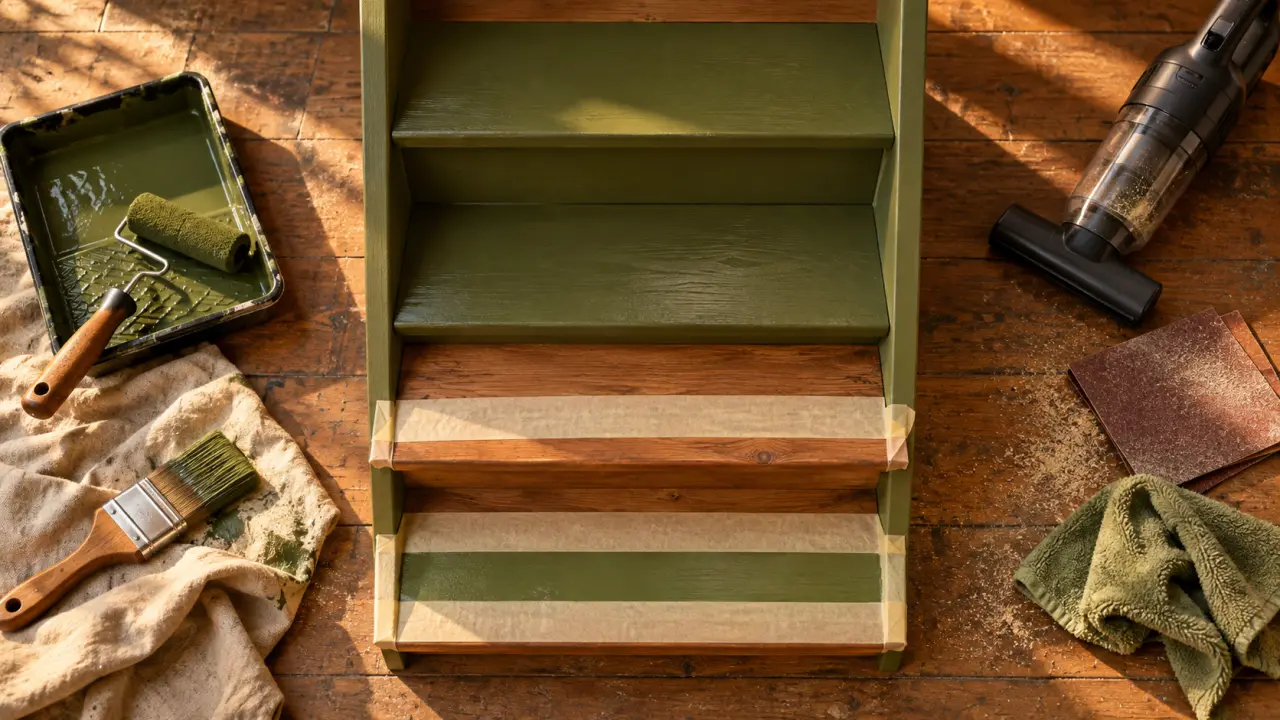 Peindre un escalier bois : ponçage, ruban et peinture en cours sur marches