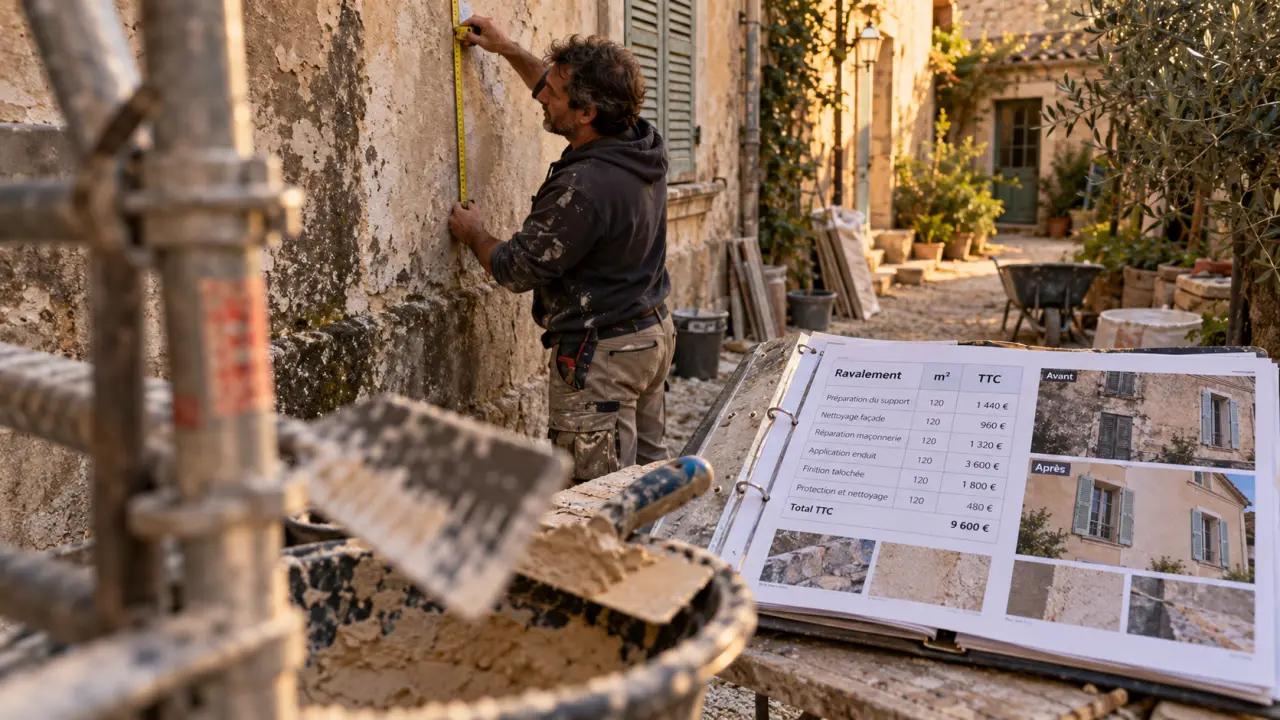 Devis ravalement façade, artisan mesure la façade et compare les prix au m²