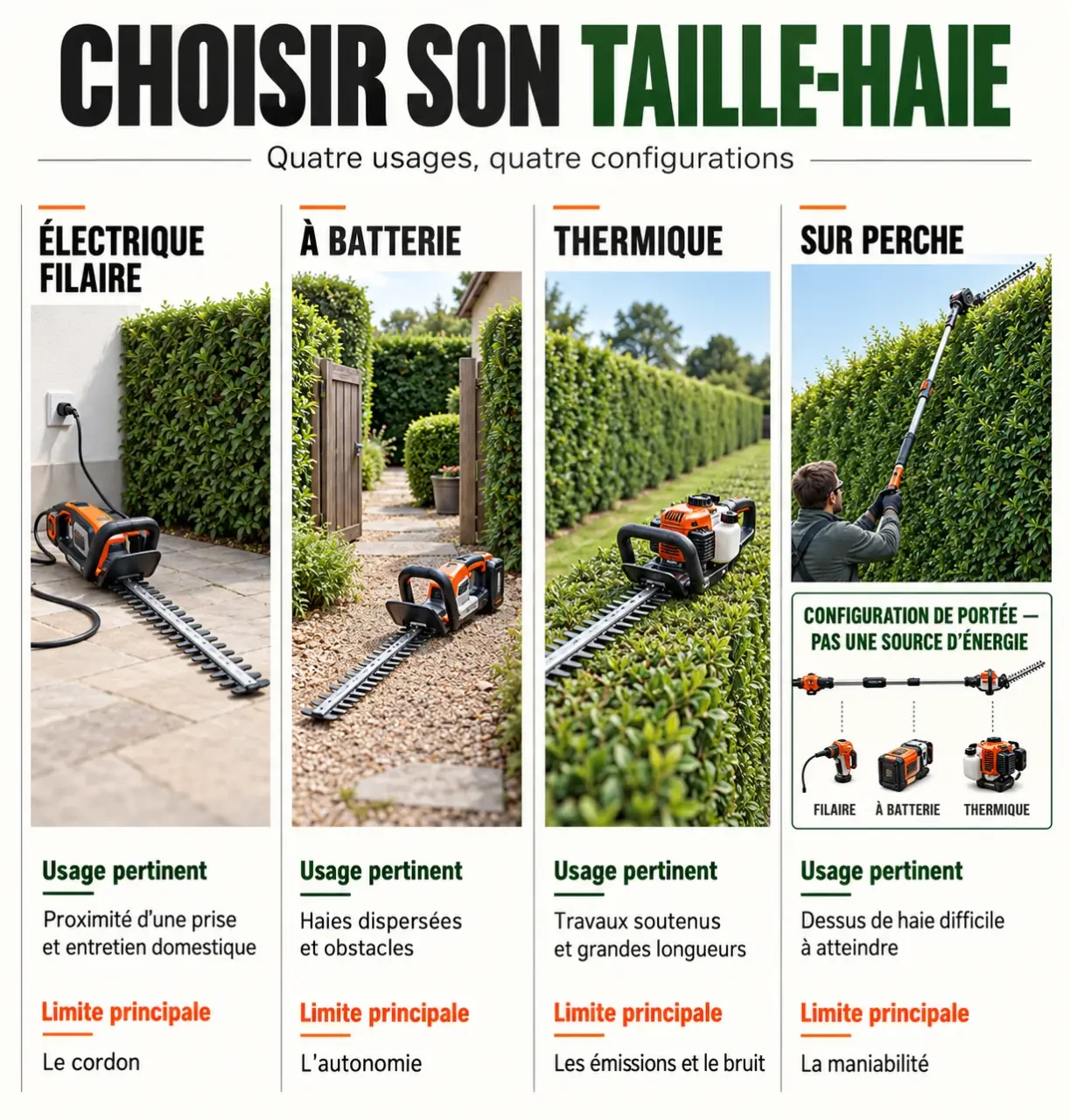Infographie comparative des solutions de taille-haie électrique, à batterie, thermique et sur perche