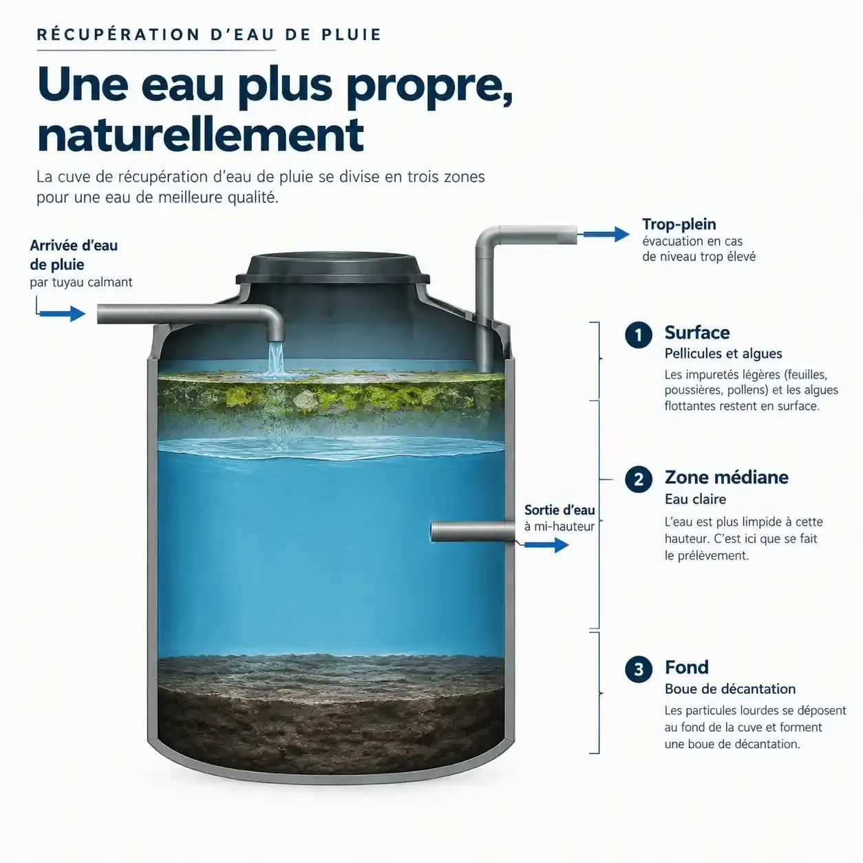 Schéma d'un récupérateur d'eau de pluie en coupe montrant les trois zones de la cuve : surface, eau claire et dépôts du fond