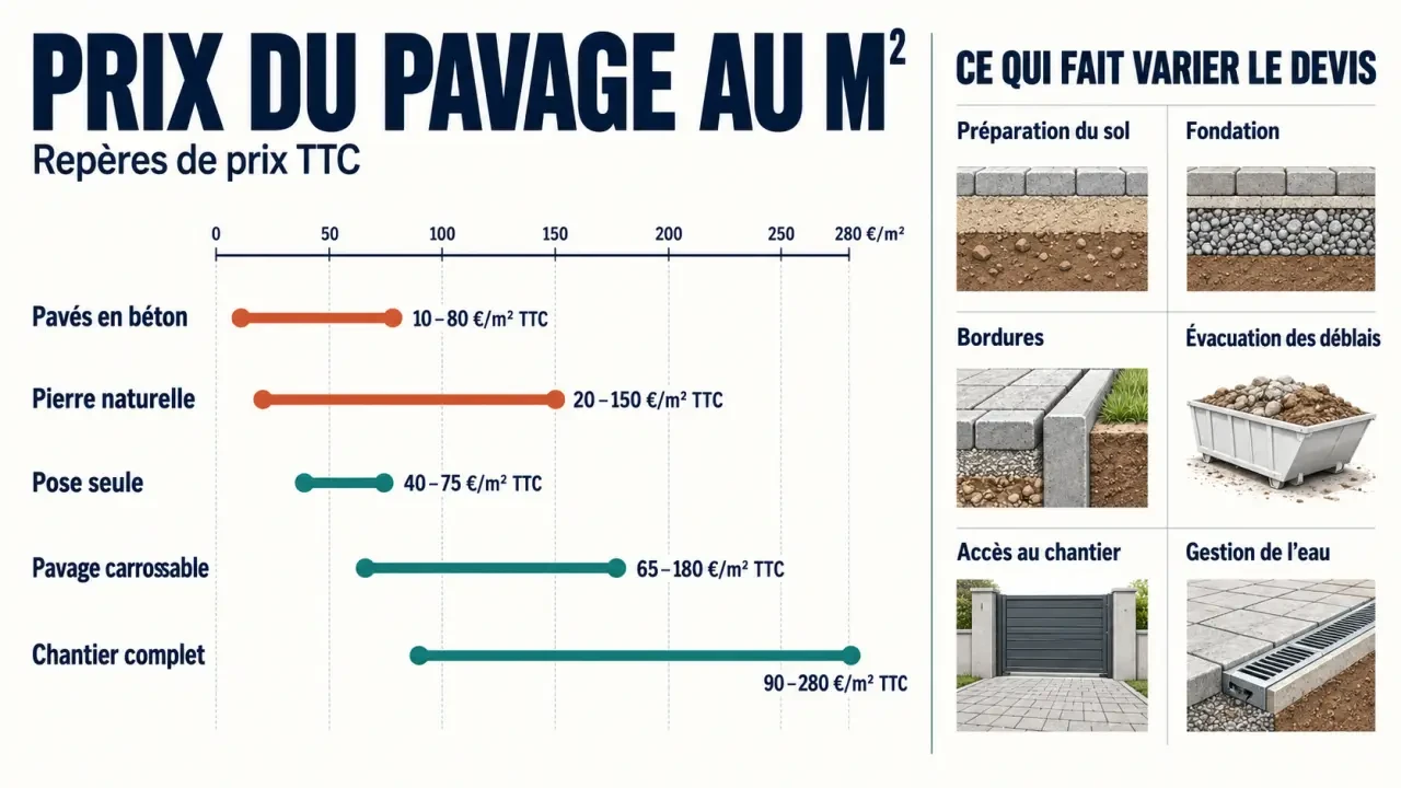 Infographie du prix pavage au m2 selon le matériau, la pose et le chantier