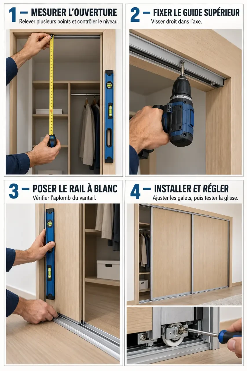 Illustration des étapes pour poser une porte de placard coulissante, de la mesure au réglage des vantaux
