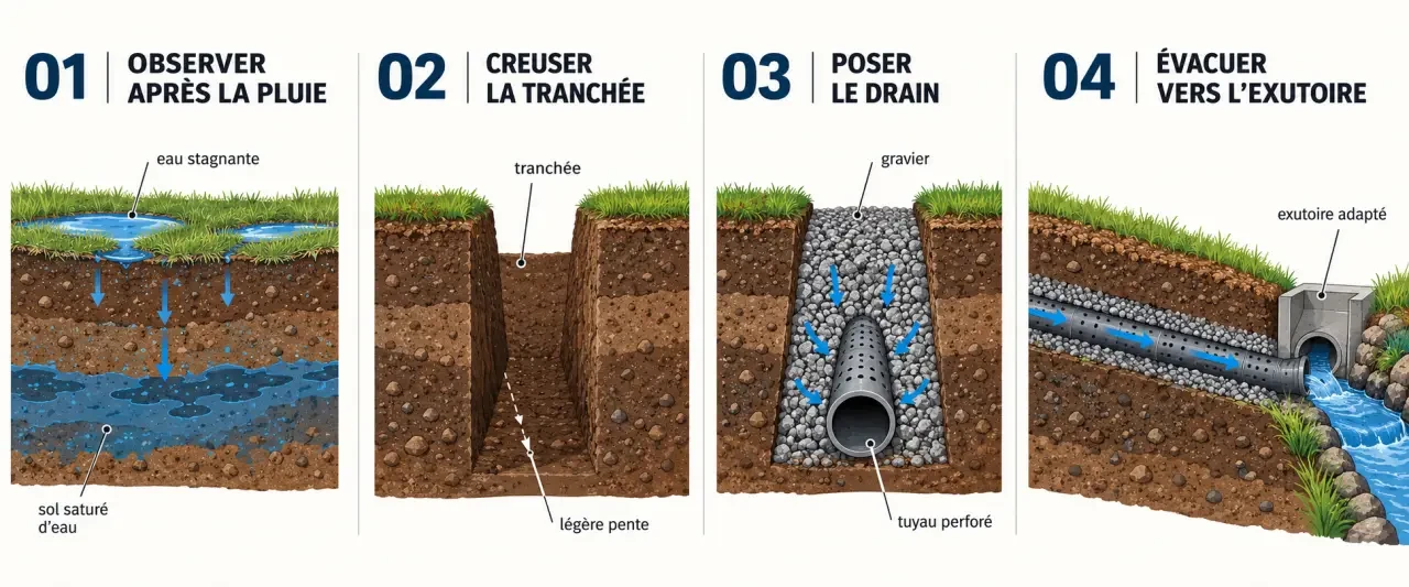 Illustration séquentielle du drainage terrain, de l’observation de l’eau à l’évacuation par un drain