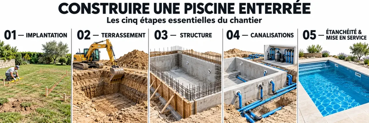 Fabrication d’une piscine enterrée, de l’implantation du bassin à la mise en service