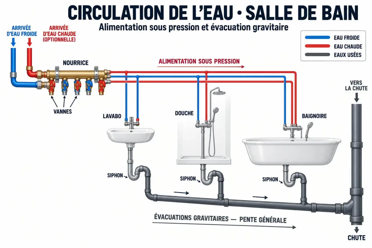 Schéma simplifié de la plomberie pour salle de bain, de l’alimentation en eau aux évacuations