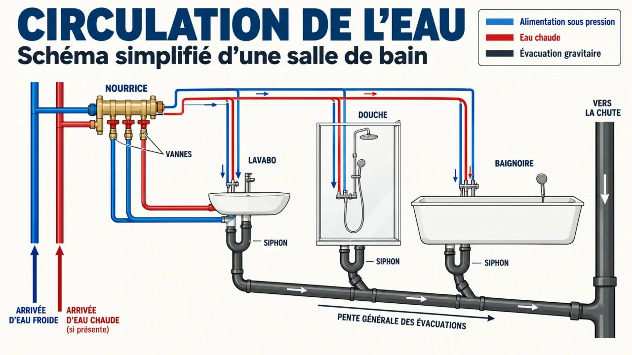 Schéma simplifié de la plomberie pour salle de bain, de l’alimentation en eau aux évacuations