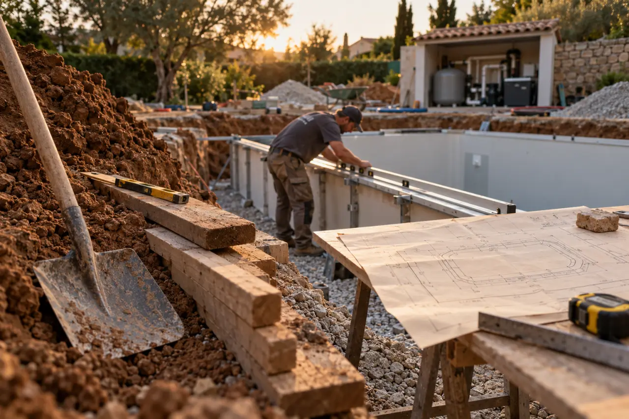 Fabrication d une piscine : pelle et plan d’implantation avant creusement