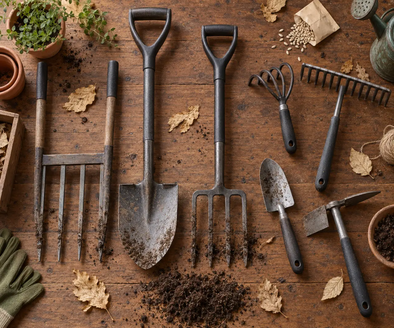 Outils du jardinier : bêche, grelinette et transplantoir au jardin