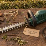 Taille-haie électrique sur établi de jardin, coupe nette et choix du bon modèle